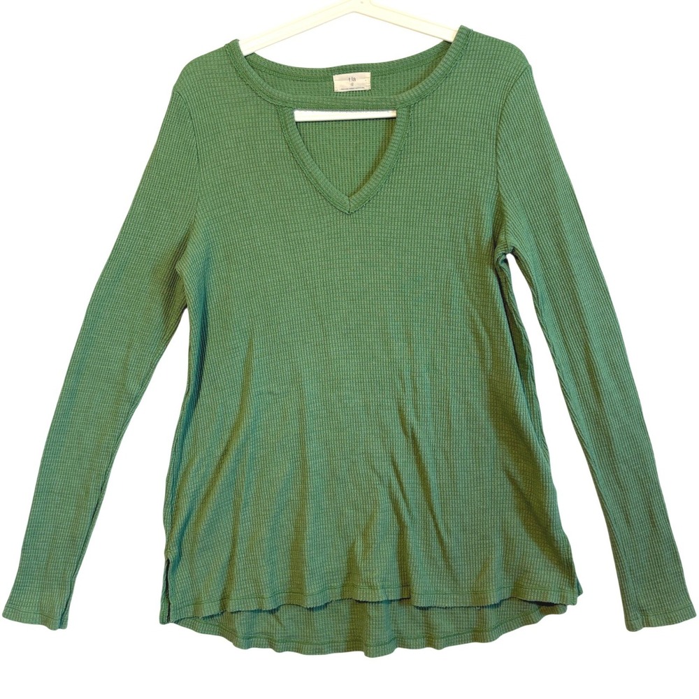 Anthropologie t.la Green Waffle Knit Cutout V-Neck Thermal Top Small